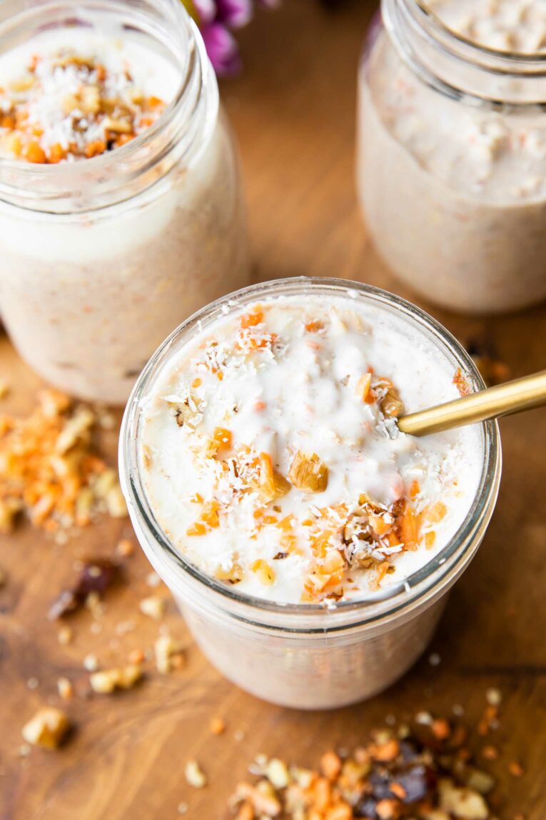 Creamy Carrot Cake Overnight Oats that are healthy and gluten-free.