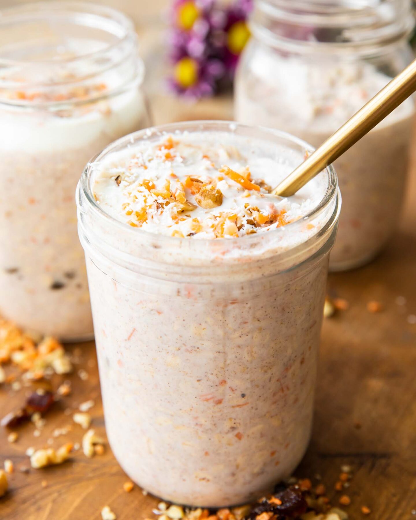 Healthy Carrot Cake Overnight Oats that are creamy and flavorful, angled photo!