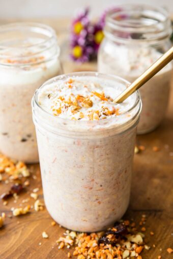 Healthy Carrot Cake Overnight Oats that are creamy and flavorful, angled photo!