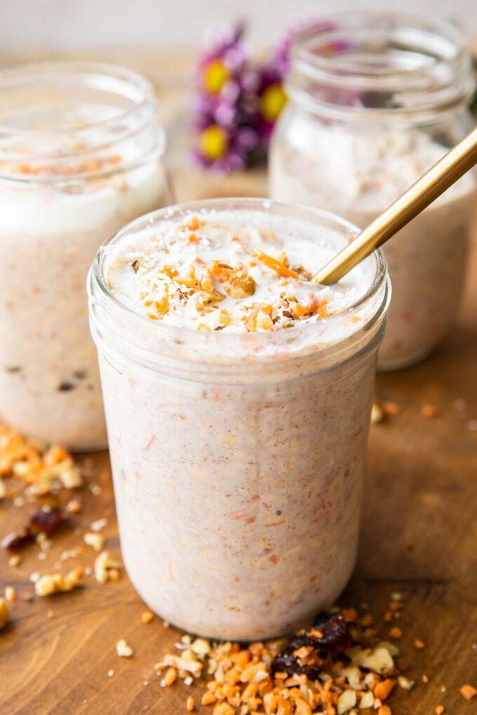 Healthy Carrot Cake Overnight Oats that are creamy and flavorful, angled photo!