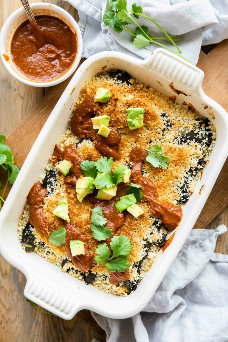 Top shot of Chili Relleno Casserole in a casserole dish.