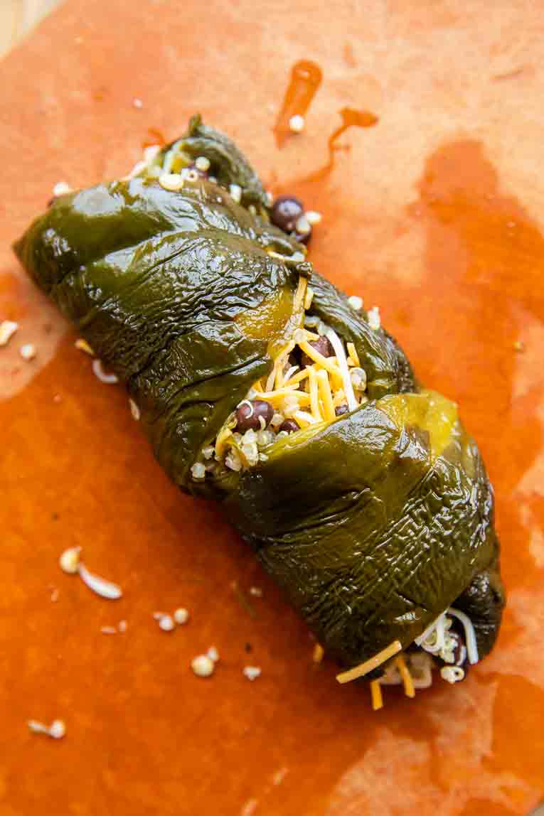 Poblano stuffed with cheese, quinoa, and beans.