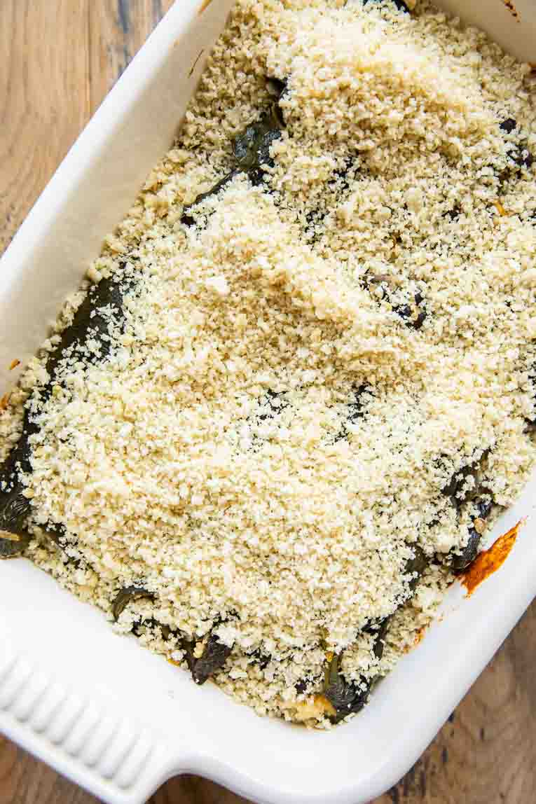 Breadcrumbs over Chile Relleno Casserole.