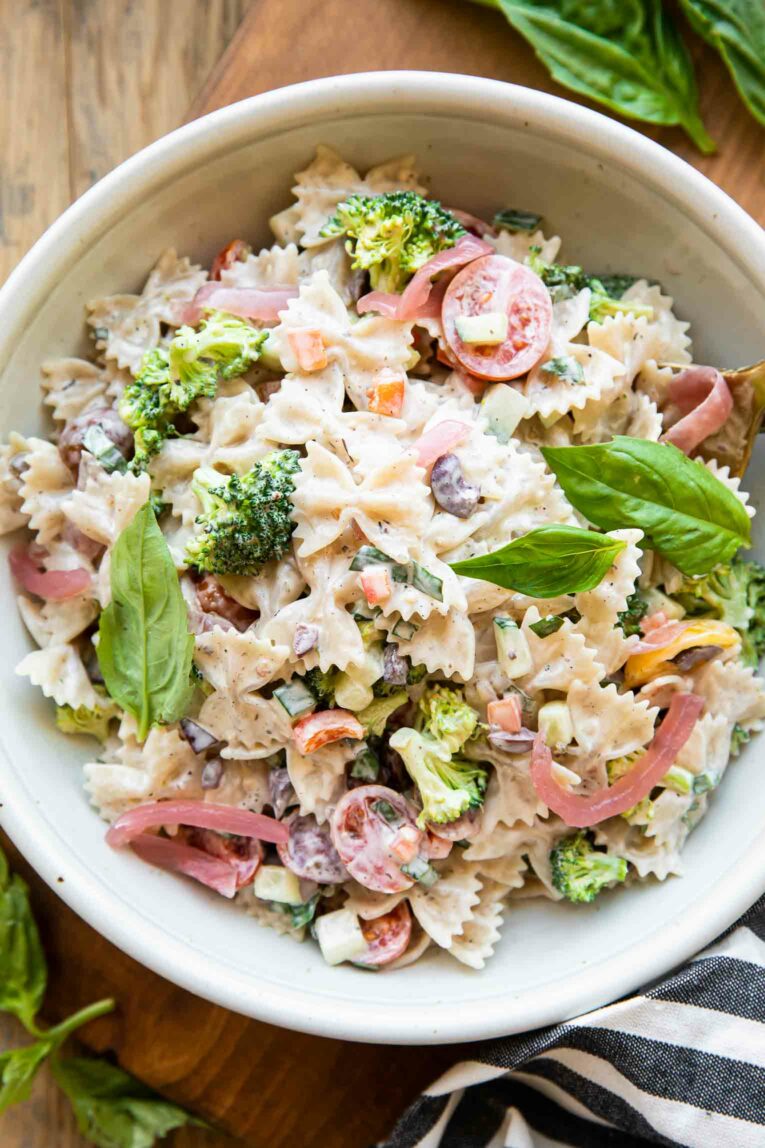 Close up of Creamy Vegan Pasta Salad.