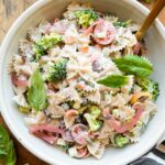 Creamy Vegan Pasta Salad in a bowl with a fork and basil.