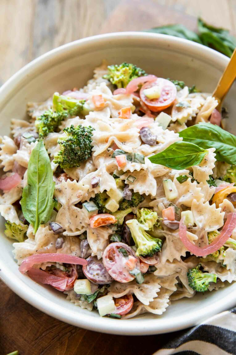 Angled photo of Creamy Vegan Pasta Salad recipe.