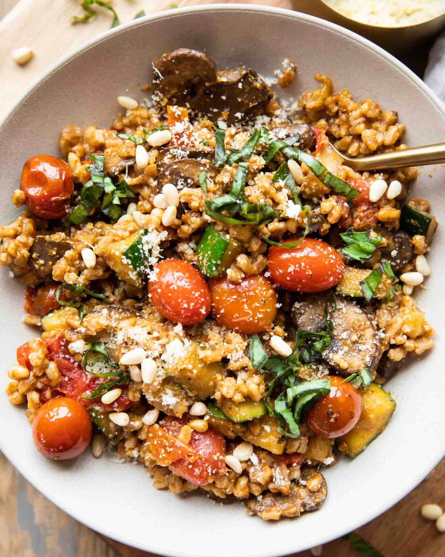 Farro with Blistered Tomatoes & Pesto recipe in a bowl