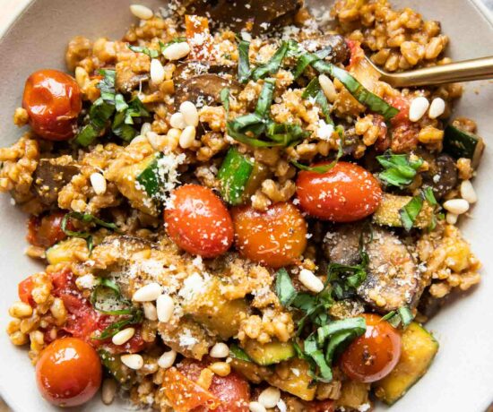 Farro with Blistered Tomatoes & Pesto recipe in a bowl