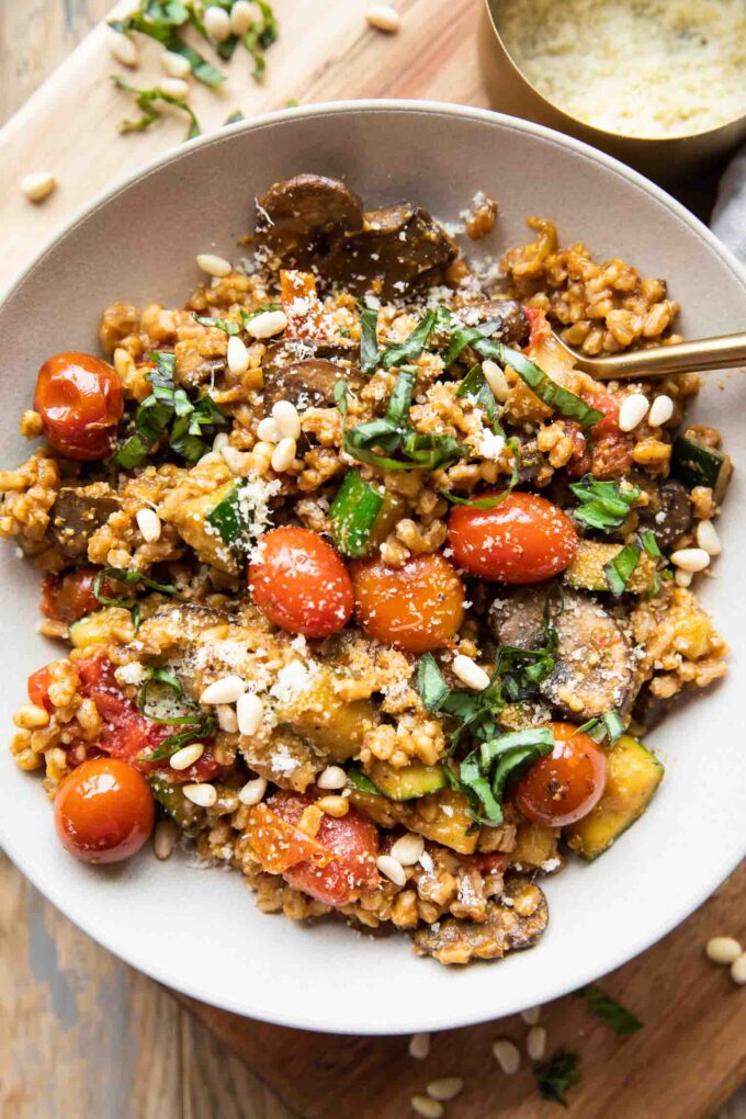 Farro with Blistered Tomatoes & Pesto recipe in a bowl