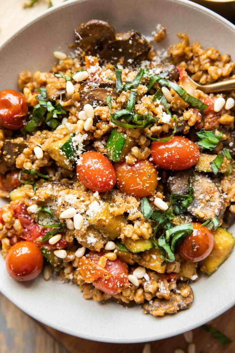 Close up of Farro with Blistered Tomatoes & Pesto recipe.