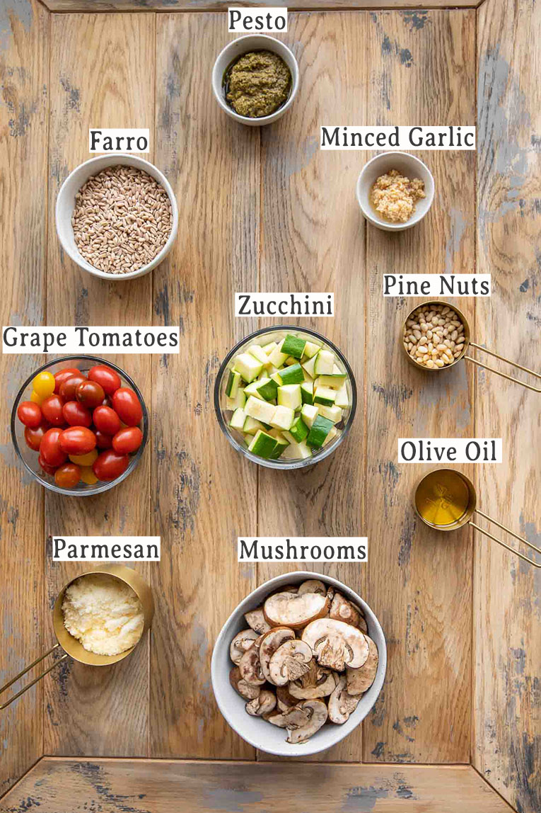 Ingredients for Farro with blistered tomatoes.