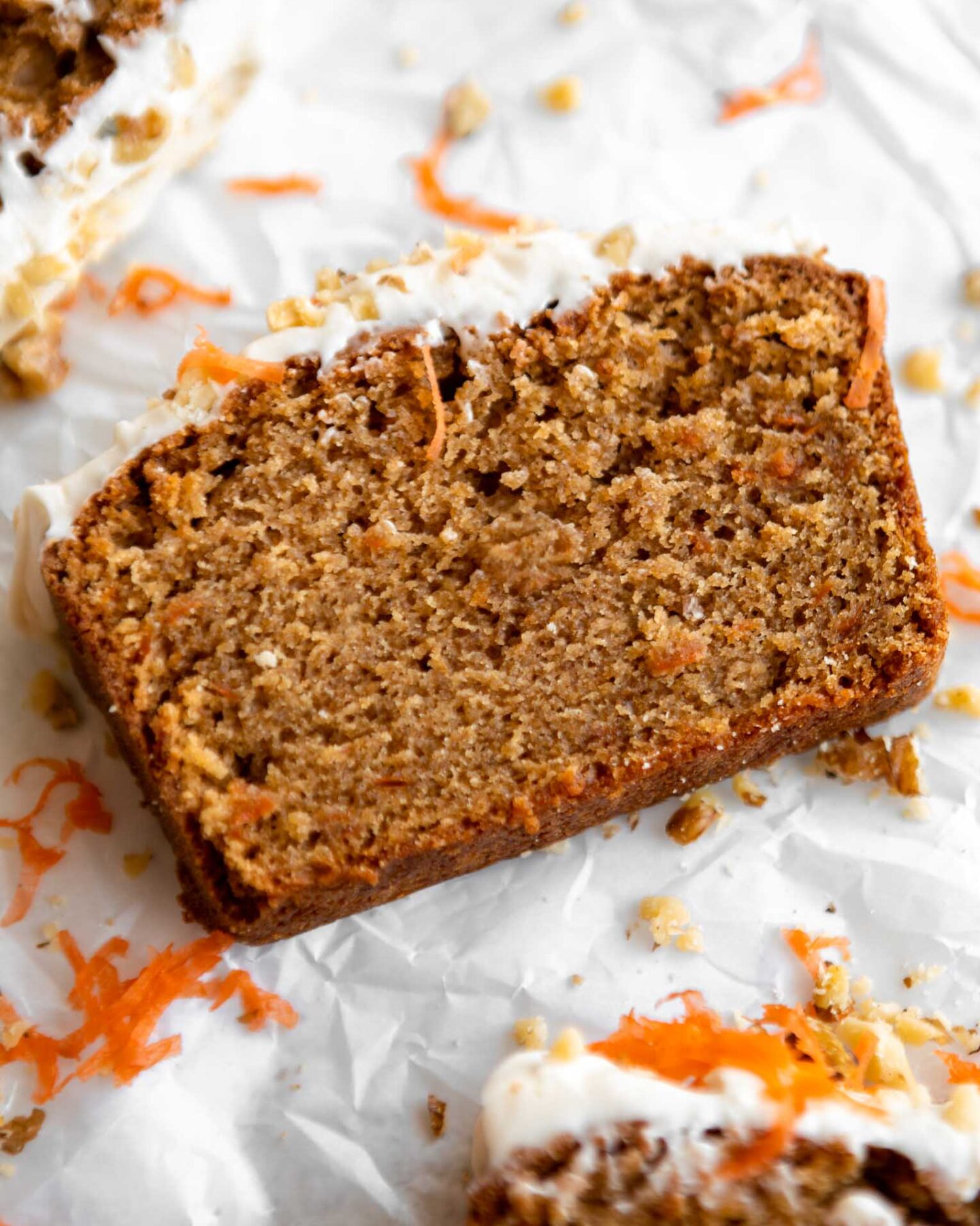 Close up of Gluten-Free Carrot Cake slice.