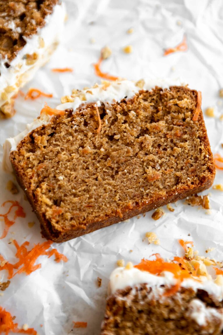 Close up of Gluten-Free Carrot Cake slice.