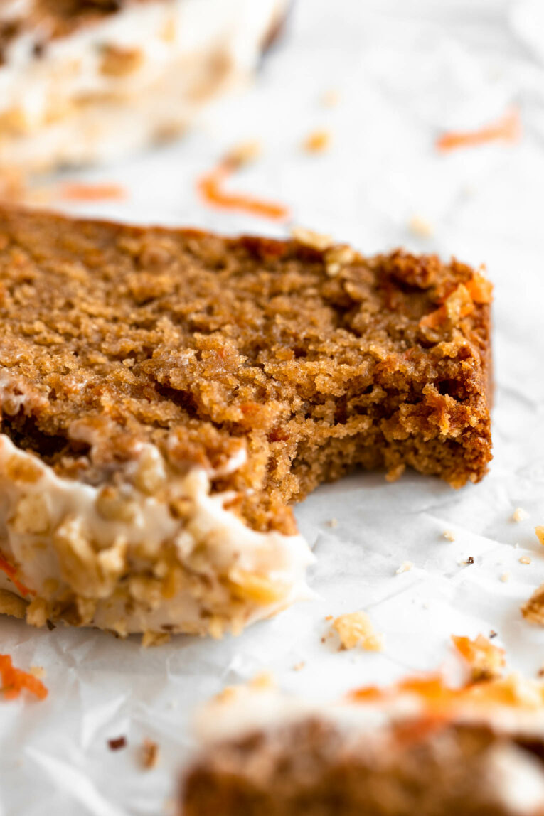 Angled close up of Gluten-Free Carrot Cake slice.