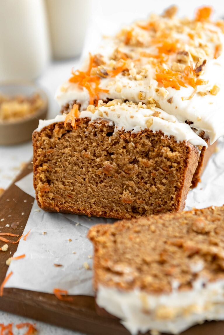 Gluten-Free Carrot Cake loaf with cream cheese icing.