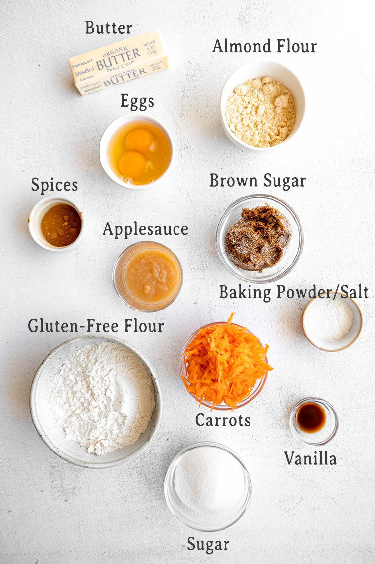 Ingredients for gluten-free carrot cake loaf recipe.