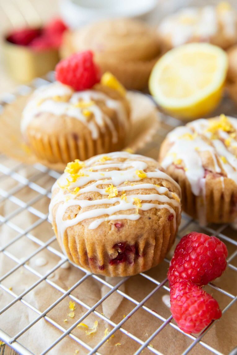 Angled photos of Gluten-Free Lemon Raspberry Muffins.