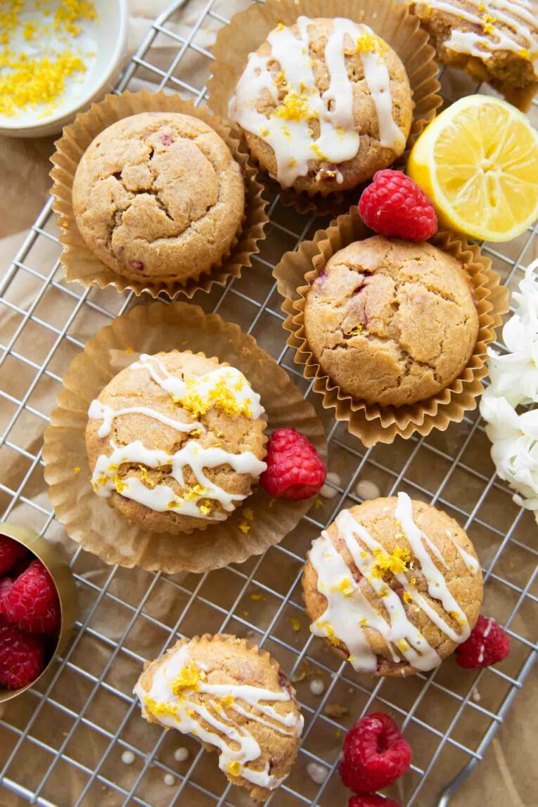 Top shot photo of Gluten-Free Lemon Raspberry Muffins on a cooling rack.