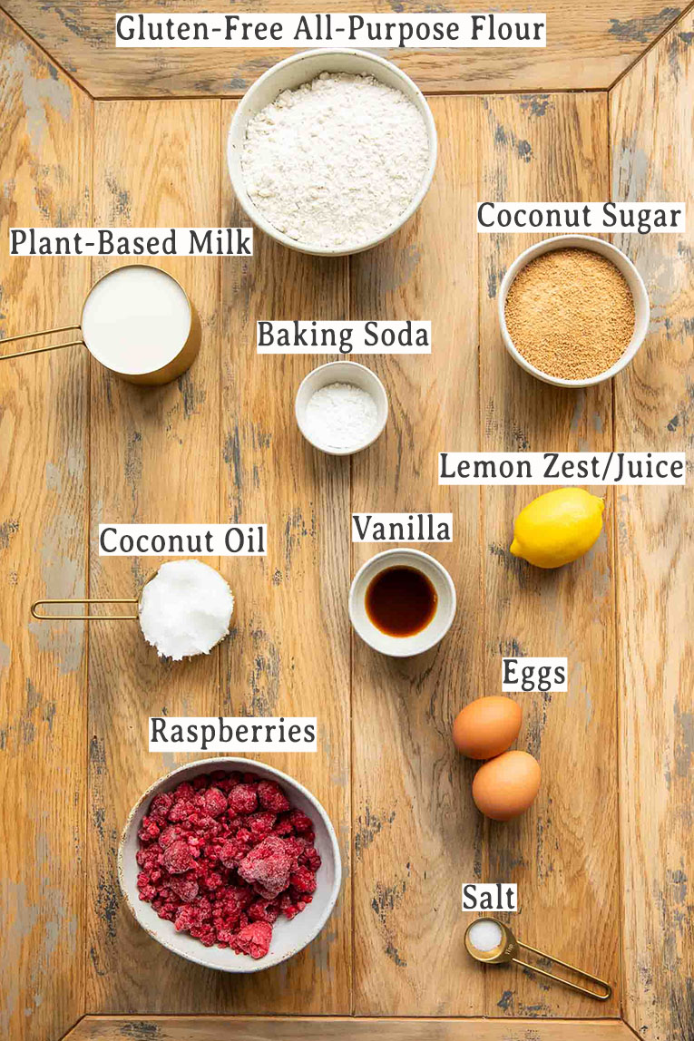 Ingredients for Gluten-Free Lemon Raspberry Muffins recipe.