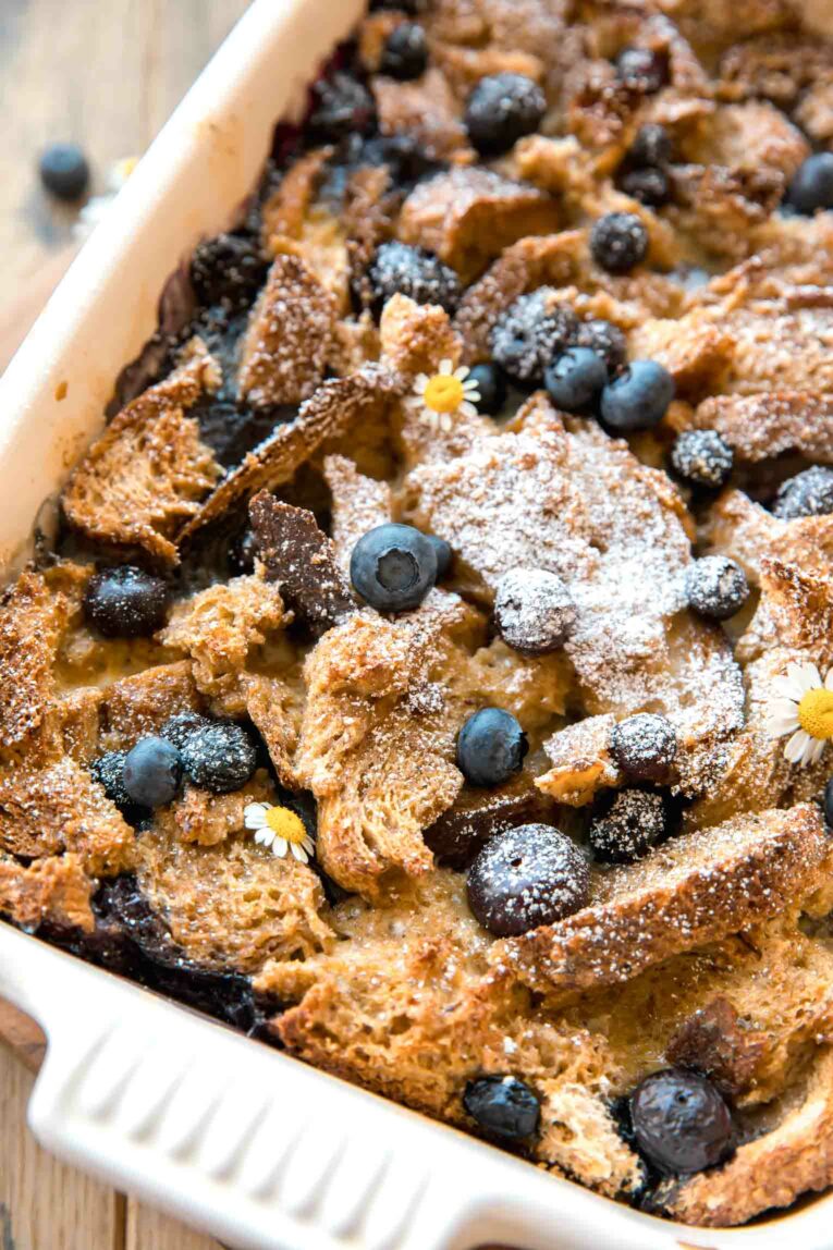 Close up of Healthy Blueberry French Toast Casserole.