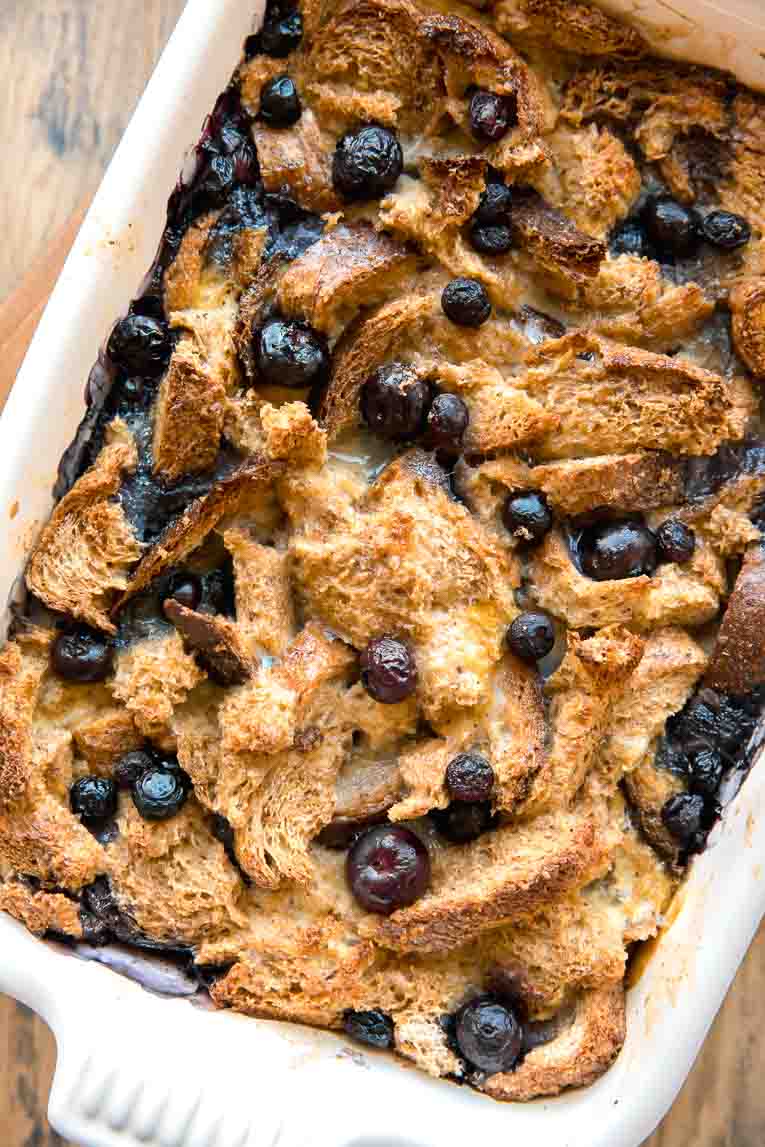 Freshly baked Healthy Blueberry French Toast Casserole.