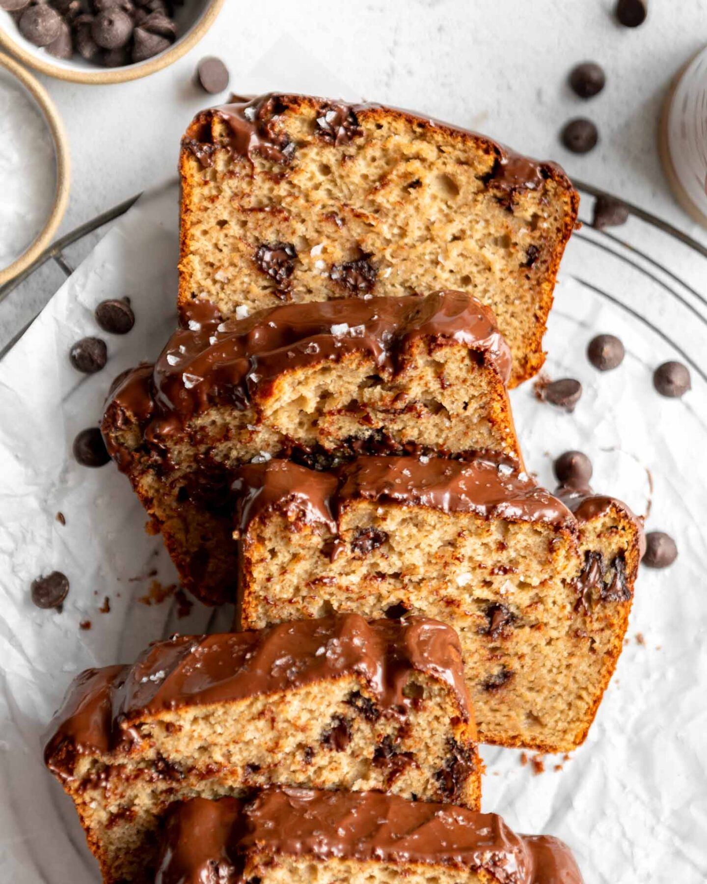 Top shot photo of Protein Banana Bread slices with chocolate chips.