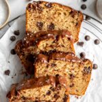 Top shot photo of Protein Banana Bread slices with chocolate chips.