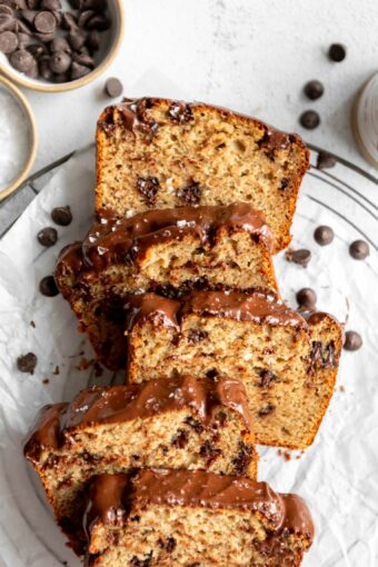 Top shot photo of Protein Banana Bread slices with chocolate chips.