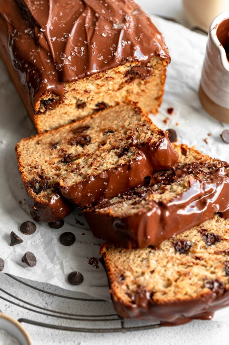 Angled photo of Protein Banana Bread with chocolate chips.