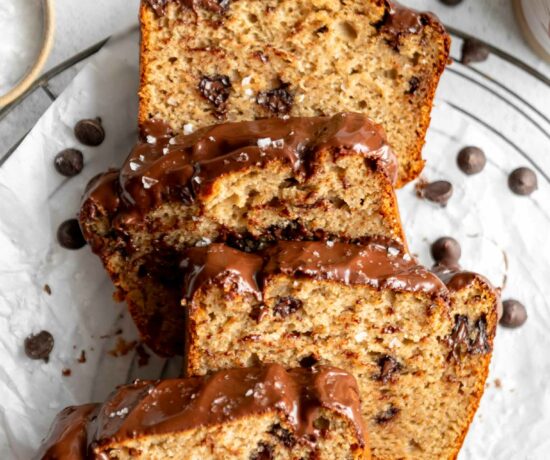 Top shot photo of Protein Banana Bread slices with chocolate chips.