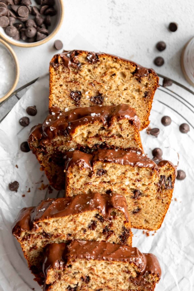 Top shot photo of Protein Banana Bread slices with chocolate chips.