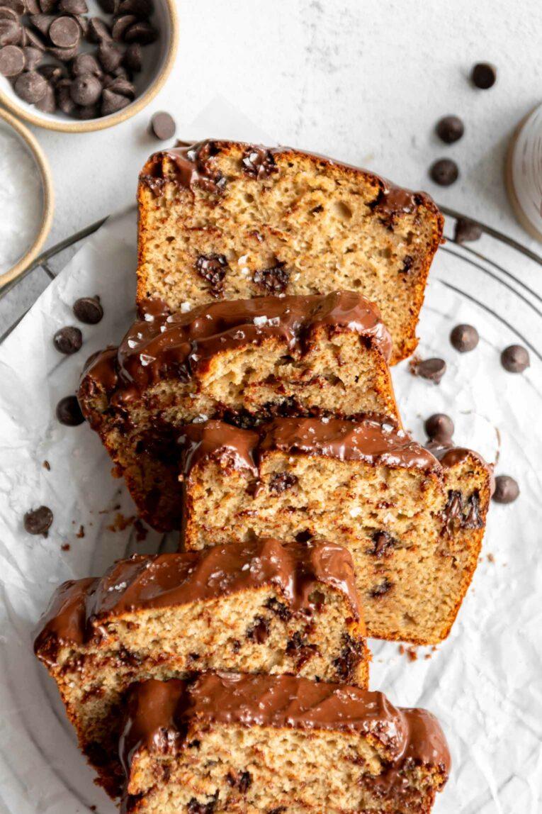 Top shot photo of Protein Banana Bread slices with chocolate chips.