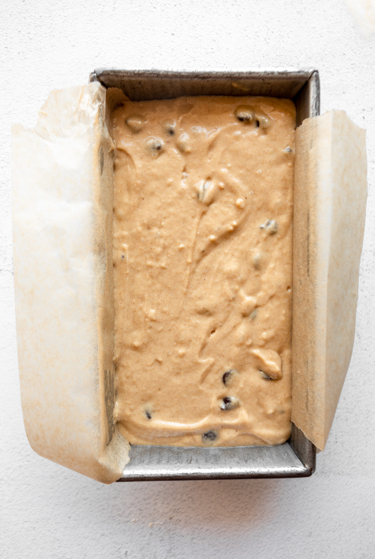 Protein Banana Bread batter in a loaf pan.
