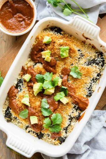 Top shot of Chili Relleno Casserole in a casserole dish.