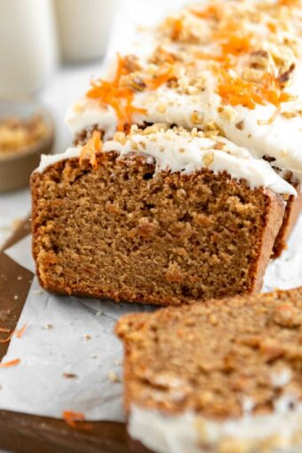 Gluten-Free Carrot Cake loaf with cream cheese icing.