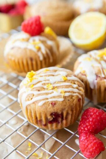 Angled photos of Gluten-Free Lemon Raspberry Muffins.