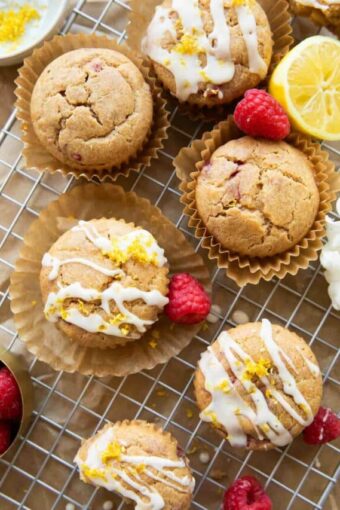 Top shot photo of Gluten-Free Lemon Raspberry Muffins on a cooling rack.