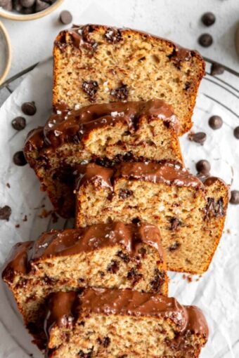 Top shot photo of Protein Banana Bread slices with chocolate chips.