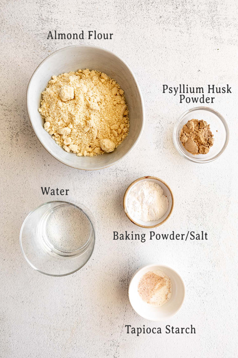 Ingredients for almond flour gluten-free tortillas recipe.