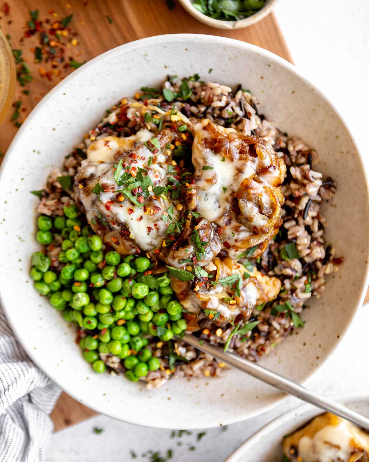 Top shot photo of French Onion Chicken Bowls recipe.
