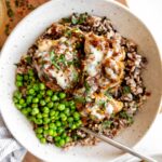 Top shot photo of French Onion Chicken Bowls recipe.