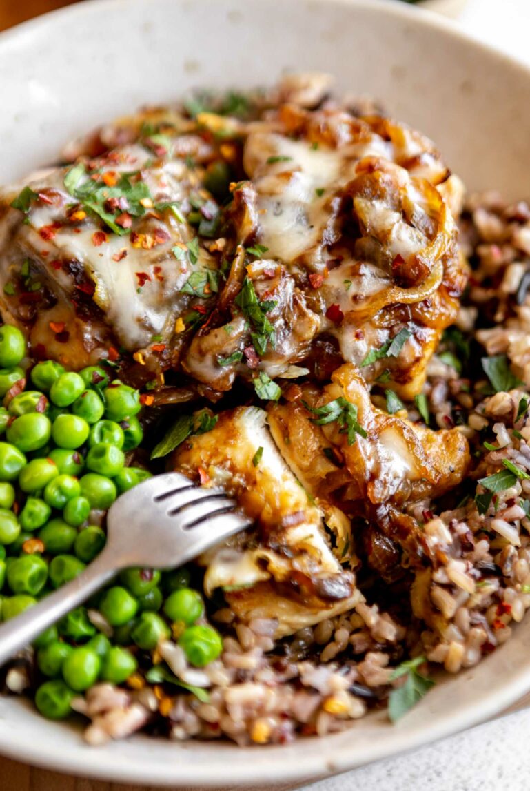Angled photo of French Onion Chicken recipe.