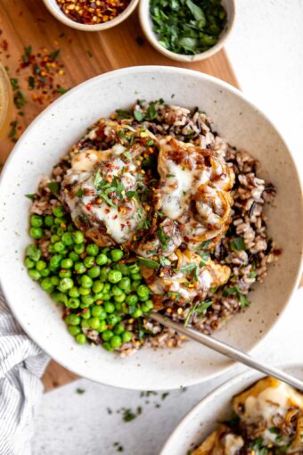 Top shot photo of French Onion Chicken Bowls recipe.