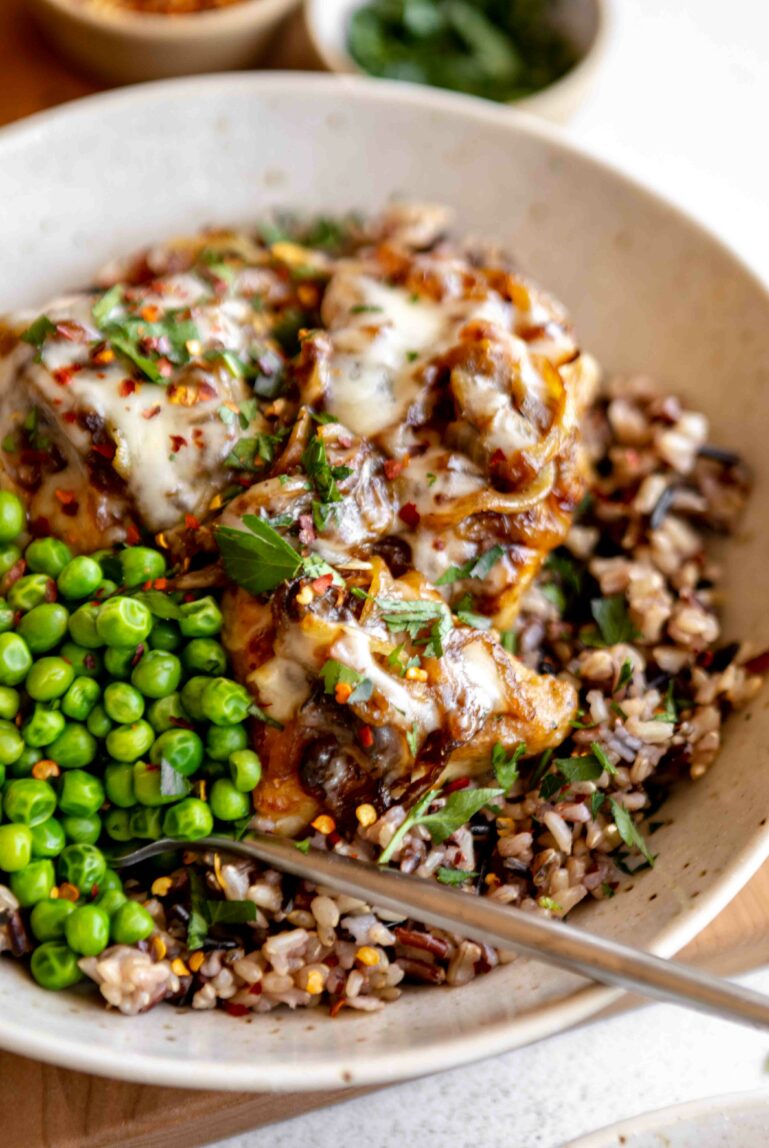 Angled photo of French Onion Chicken Bowls.