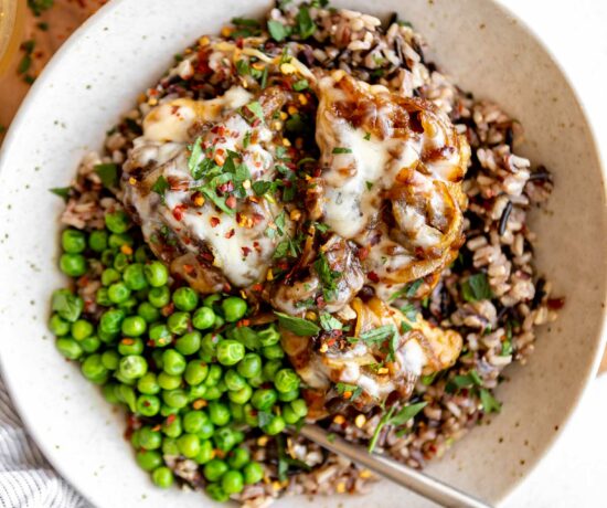 Top shot photo of French Onion Chicken Bowls recipe.