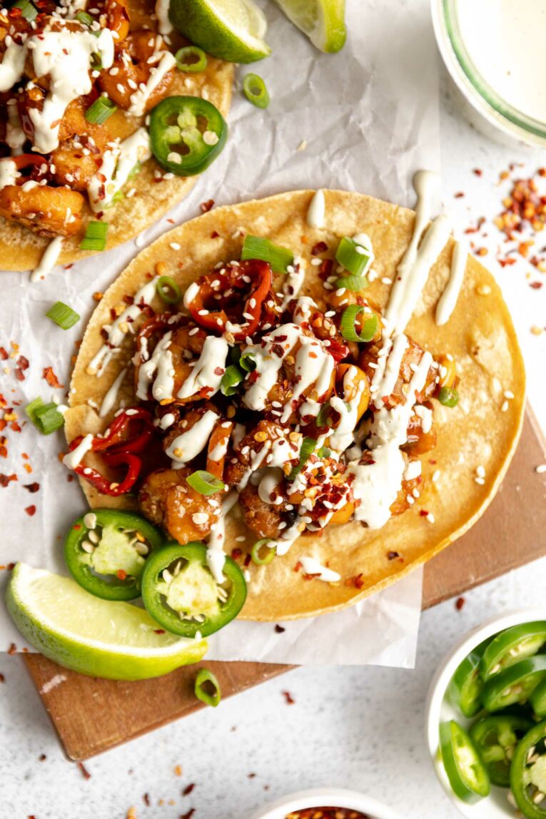 Kung Pao Shrimp Tacos with a creamy jalapeño Sauce recipe.
