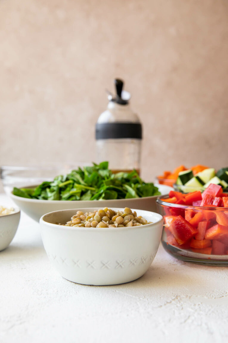Ingredients for lemon balsamic lentil salad before putting together.