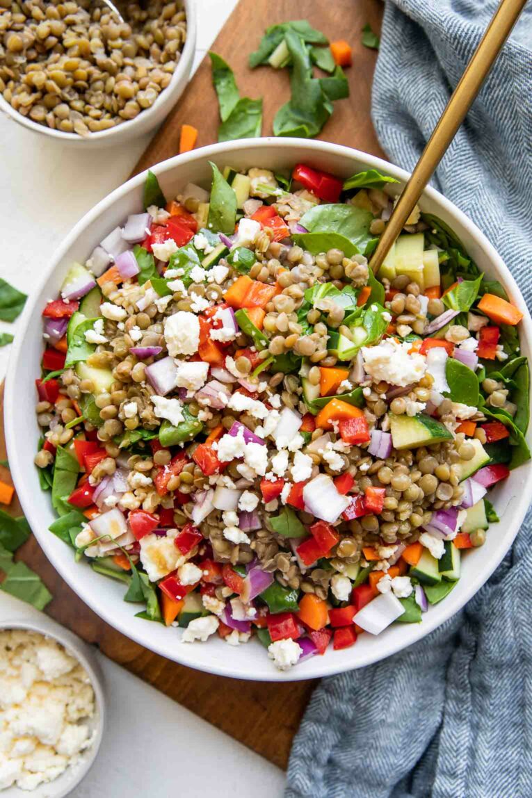 Lemon Balsamic Lentil Salad recipe in a bowl with a fork.