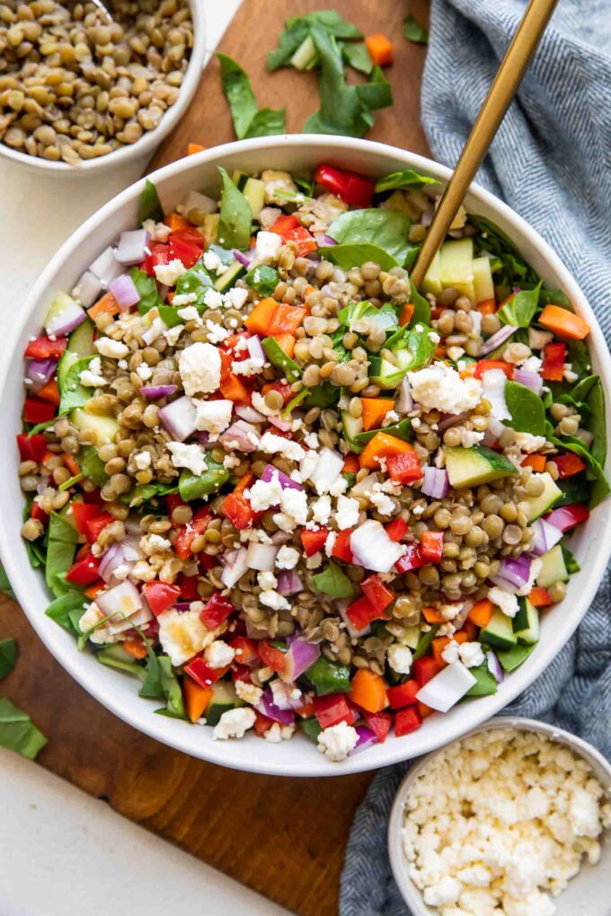 Lemon Balsamic Lentil Salad top shot photo in a bowl with ingredients around it.