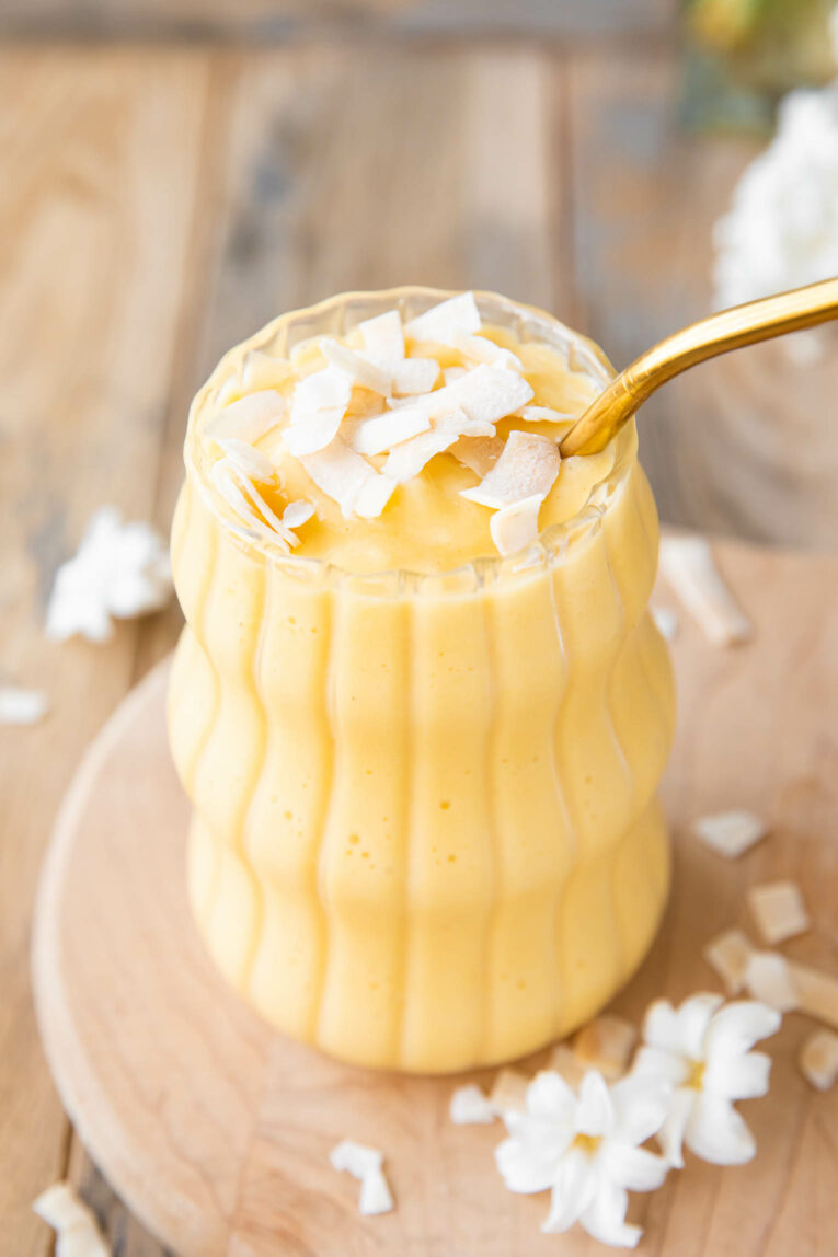 Mango smoothie recipe angled photo.